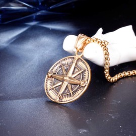 HIJONES Men's Stainless Steel Round Compass Pendant Necklace Vintage Chain, Gold
