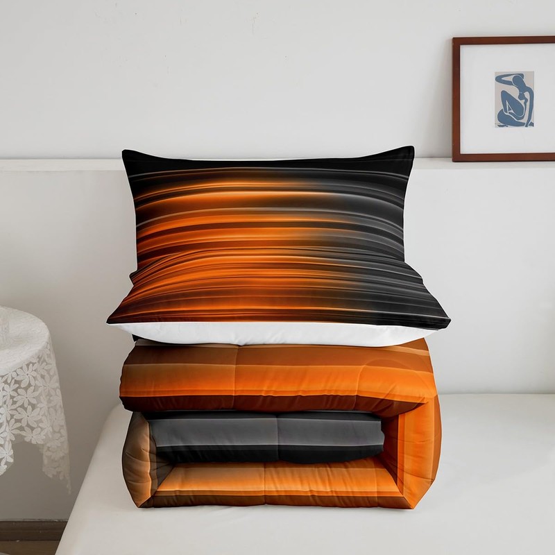 Feelyou Orange and Gray Striped Bedding Set Queen, Geometric Abstract
