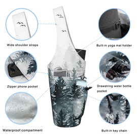 Yoga Mat Bag - Large Opening Long Tote Yoga Mat Carrier Holder Bag with Waterproof Wet Zipper Pocket and Drawstring Water Bottle Pocket - Yoga Bag Fit Most Size Mats - Cloud Forest