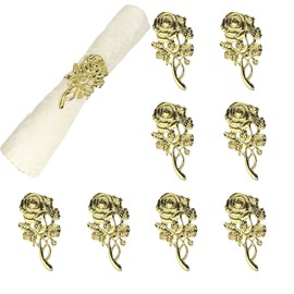 auwiyd 8 PCS Valentine's Day Metal Rose Napkin Rings Gold Rose Napkin Holder for Table Decoration Hollow Out Flower Napkin Western Buckle for Valentine Anniversary Wedding Party Supplies