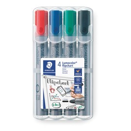 Staedtler Lumocolor Flipchart Marker, Bullet Tip, Water Based, Box of 4 Assorted Colors (Red, Blue, Green, Black), 356 WP4
