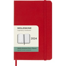 Moleskine Weekly Planner with Space for Notes, 12 Months 2024, Agenda 2024, Pocket-Size 9 x 14 cm, Hardcover with Elastic Closure, Fireplace Red
