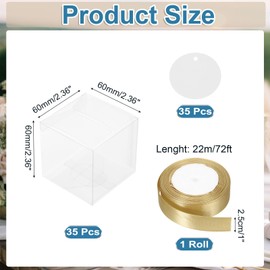 MECCANIXITY 35 Pcs Clear Gift Boxes, 60x60x60mm Clear Boxes for Favors with Gold Ribbon Blank Tag, Plastic Gift Box for Wedding, Party Favors, Candy Boxes, Home Birthday Decor