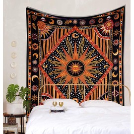 Doraya Dimond Burning Sun Moon Stars Psychedelic Tie Dye Mandala Tapestry Good Luck Tarot Wall Hanging Boho Hippie Hippy Celestial Indian Trippy Bohemian Tapestries (Twin (54X84 Inches), Yellow)