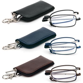 REAVEE 3 Pack Folding Reading Glasses with Keychain Compact Bags for Women Men, Blue Light Blocking Spring Hinge Portable Pocket Readers, Black Brown and Blue 1.5