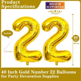 Gold 22 Number Balloons, 40 Inch Giant Number 22 Balloons Foil Mylar Helium Gold Number Balloons for 22th Birthday Party Supplies Anniversary Event Celebration Decorations