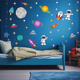 Epic Modz 44x Outer Space Wall Decals Rocket Planets Astronaut Earth Alien Wall Stickers Baby Nursery Boys Bedroom Playroom Wall Decor Set