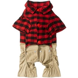 SMALLLEE_LUCKY_STORE Pet Clothes for Small Dog Cat Red Plaid Shirts Sweater with Khaki Overalls Pants Jumpsuit Outfits L