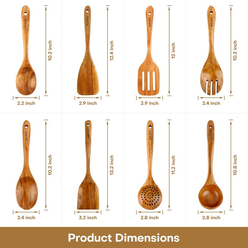 AIUHI Wood Spoons for Cooking, Nonstick Kitchen Utensil Set, Wooden