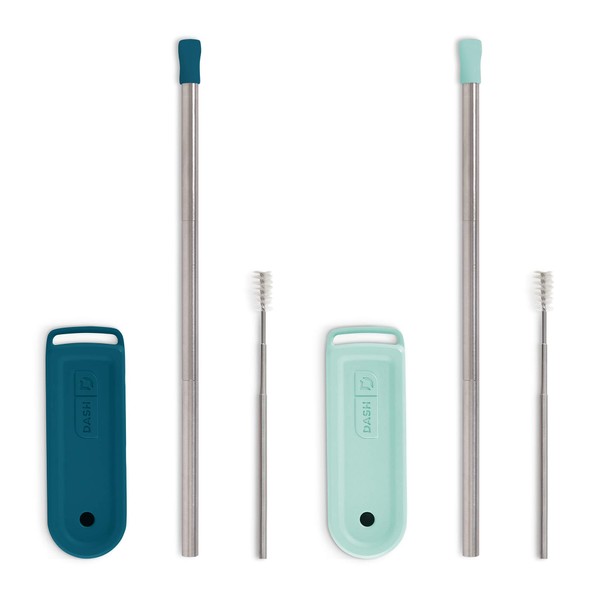 DASH Super Straw - Stainless Steel Magnetic Reusable Straw with Carrying Case and Cleaning Brush Included, 2-Pack - Aqua/Teal, DMSS002, 9.5 Inches