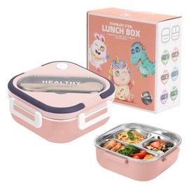 Ruaizel Large Metal Bento Container with 3 Compartment, Removable Stainless Steel Lunch Box, Bento Box with Cutlery, 3 In 1 Portable Bento for School Office (Pink)