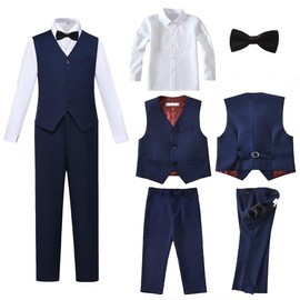 SaiLiiny Trajes de 4 piezas para niños, ajuste delgado, conjuntos de chaleco, negro y azul, ropa formal para niño, Azul marino 1 , 2