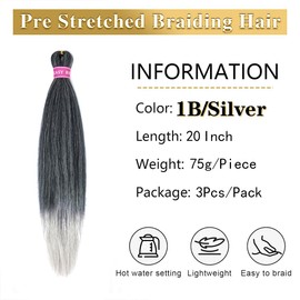 MEZIRU 3Pcs/Packs Ombre Braiding Hair Pre Stretched 20 Inch Yaki Straight Braiding Hair Extensions For Braids Synthetic Hot Water Setting Twist Braid Hair For Women(20" 3Pcs #Black/Silver)