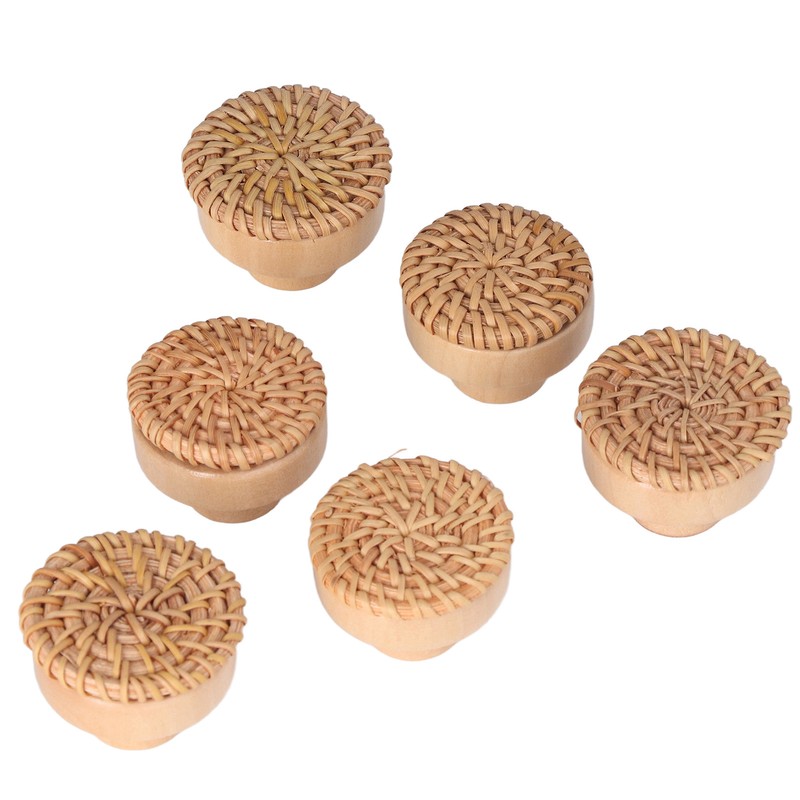 6pcs Round Drawer Knobs Wood Rattan Woven Handmade Drawer Pulls