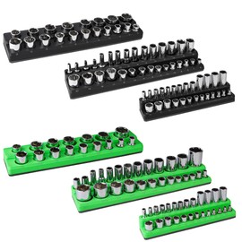 ALOANES 143-Slot Magnetic Socket Organizer, 6PC Socket Tray Holders for 1/2-inch, 3/8-inch, 1/4-inch Drive,for Standard and Deep Metric SAE Sockets, Heavy Duty Tool Organizer(Green&Black)
