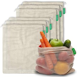 Reusable Produce Bags Grocery Washable, Organic Cotton | Double-Stitched & Tare weigh & Drawstring | Mesh Produce Bags Reusable Washable | Mesh Bags for Vegetables | Lightweight | Set of 6 (M Size)