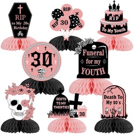 8Pcs Rip to My 20s Honeycomb Centerpieces, Rose Gold Death of My Youth 30 Party Decorations for Women, Funeral Gothic Thirty Birthday 3D Table Party Supplies