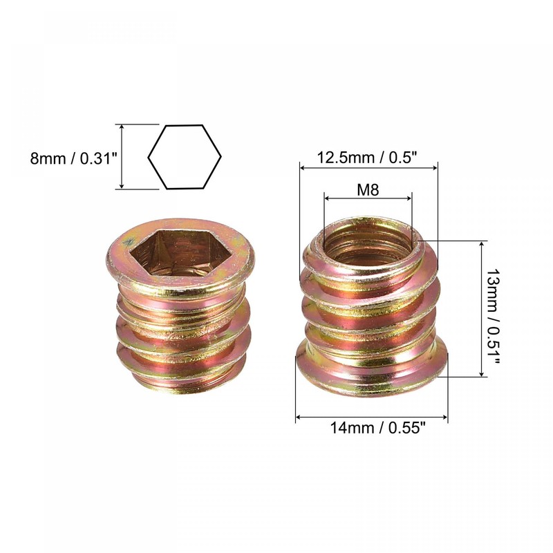 sourcing map M8x13mm Threaded Inserts for Wood Hex Socket Drive