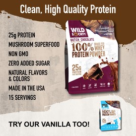 WILD SOCIETY - Premium 100% Grass Fed Whey Protein Powder + Superfood Mushrooms & Adaptogens - 25g Protein, Clean Protein Powder, 0 Added Sugar, Non GMO, Gluten Free - Dutch Chocolate - 17.9 oz