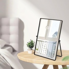 Numjeg Desktop Makeup Mirror with Black Metal Standing 90° Rotation Vanity Table Mirror Portable Cosmetic Mirror for Dressing Room Bedroom Bathroom Rectangle