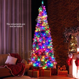 HAPPYGRILL 7.5 Feet Pre-Lit Pencil Christmas Tree, Full Artificial Tree with 1085 PVC Branch Tips & 350 Multi-Colored LED Lights, Hinged Xmas Tree for Home Shop Carnival