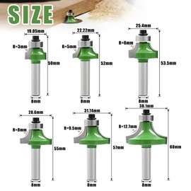 NICAVKIT 6 Pieces 8 mm Shank Rounding Cutter Standard Round Cutter Set, Carbide Round Over Milling Cutter Bits Router Bits Edge Cutter Radius Cutter for Woodworking