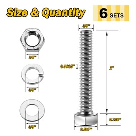 Mywish (6 Sets) 3/8-16x2 Hex Head Nuts and Bolts with Flat & Lock Washers, 304 Stainless Steel 18-8, Fully Threaded, 3/8 Bolts, Hex Bolts Metric Bolt Assortment