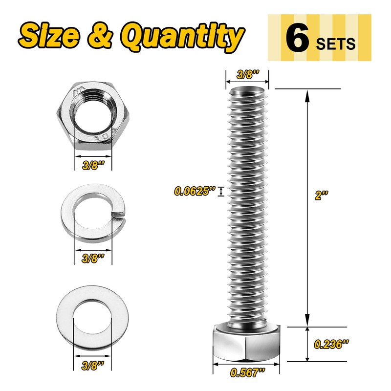 Mywish (6 Sets) 3/8-16x2 Hex Head Nuts and Bolts with