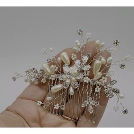 Crystal Bridal Hair Comb Ivory Flowers Pearl, Clear Rhinestone Crystal and Beads 9172