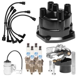 Tune up kit for 1963-1989 Mercruiser and OMC 2.5L and 3.0L with conventional point ignition. Distributor cap, spark plugs, wires, points, condenser