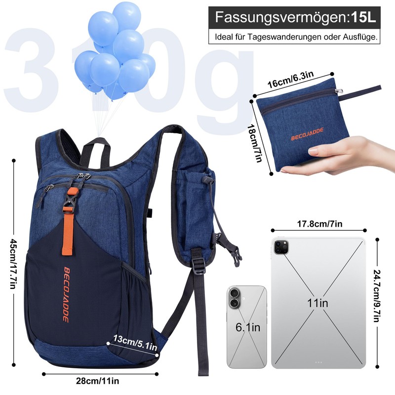 BECOJADDE 15L Hiking Backpack Men's Small Backpack Women's Lightweight Daypack