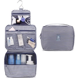 Travel Hanging Toiletry Wash Bag Makeup Cosmetic Organizer for Women Waterproof (Blue Stripe)