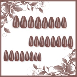 24Pcs Brown Short Medium Almond Press On Nails With Solid Color Design, Glossy False Gel Glue On, Manicure Art Acrylic Fake Stick On for Coquette Women Girls