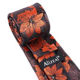 Alizeal Mens Tie with Hanky Set Floral Silky for Wedding Party Necktie and Handkerchief Set, Burnt Orange