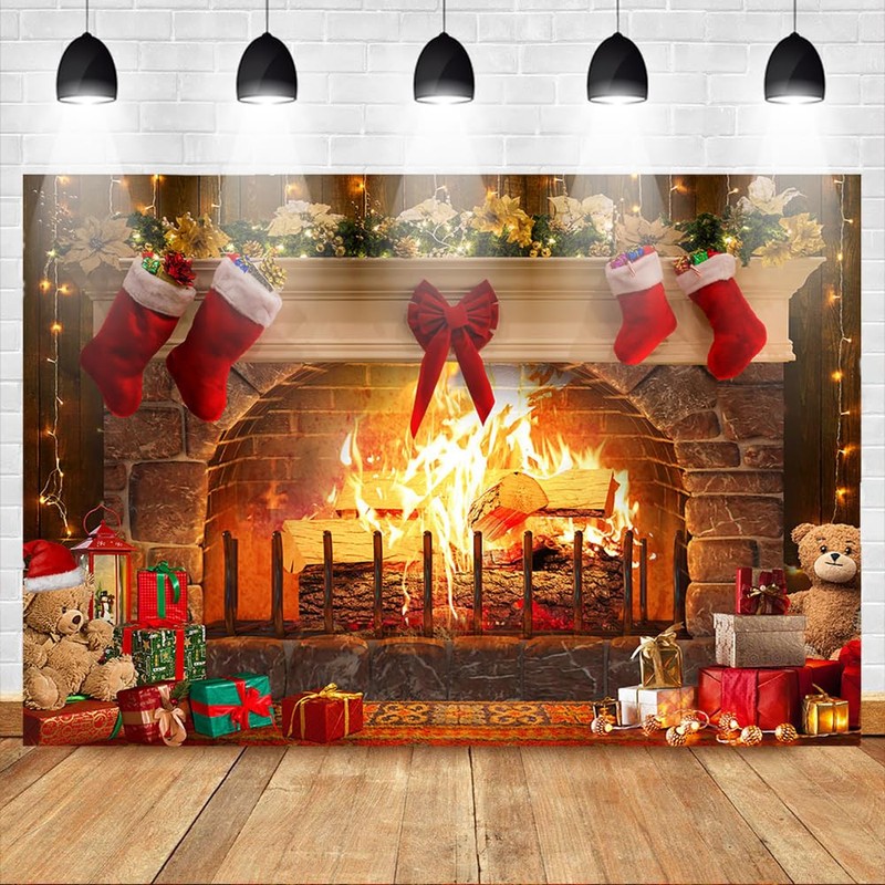 Mocsicka Christmas Fireplace Backdrop for Photography Fireplace Rustic Red Brick