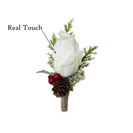 Winter wedding classic Rose bouquet boutonniere Christmas red berry pine cone Eucalyptus Lamb's ear (White Boutonniere)