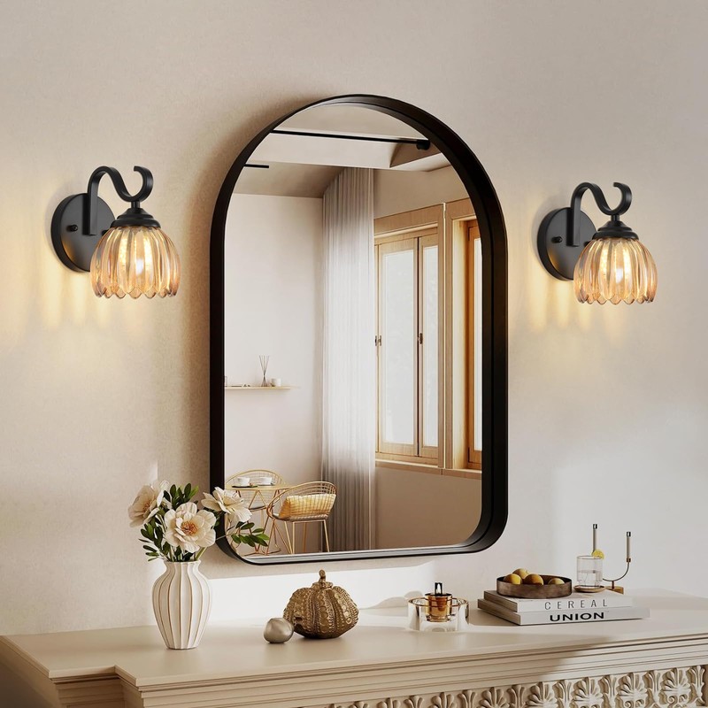 lobolighting Vintage Wall Sconce with Amber Tulip Glass Lampshade Black