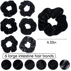 Scrunchies for Women Girls 6Pcs Black Velvet Scrunchies for Thick Hair Ultra Textured Soft Scrunchy Hair Ties Solid Elastic Hair Bands Fuzzy Ponytail Holders Cute Hair Accessories Holiday Gift