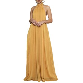 CHARTOU Women's Elegant Loose Fit Chiffon Halter Neck Backless Wide Leg Jumpsuit (Large,Yellow)