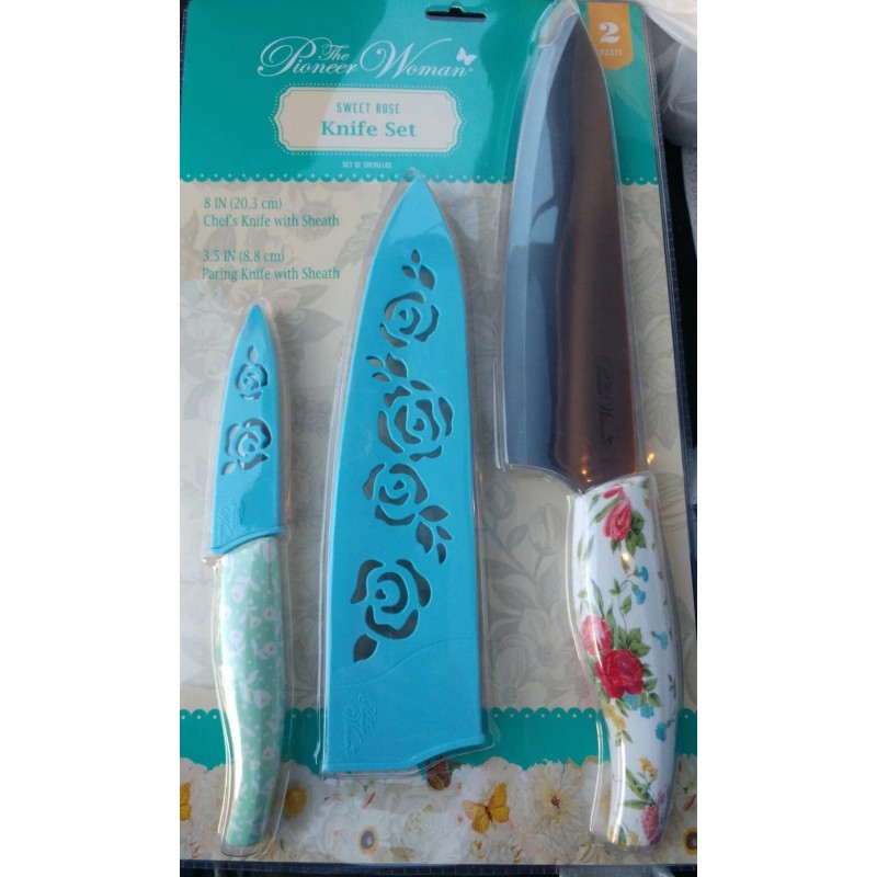Pioneer Woman Sweet Rose Chef & Paring Knives With Sheaths