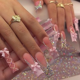 Pink French Tip Press on Nails Long Square Fake Nails With Rhinestones 3D Bow Charms Designs Line False Nails Glossy Glue on Nails Full Cover Artificial Stick on Nails for Women 24 Pcs