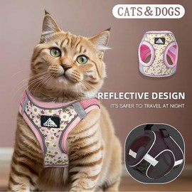BT Bear Dog Harness and Lead Set,Daisy Flower Adjustable Soft No Pull Dog Vest Harness, Breathable Pet Harness for Cats Puppy Small Dogs(Pink,M)