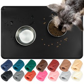 VIVAGLORY Flexmat Dog Food Mat Cat Food Mat for Food and Water & Indoor Cats, Waterproof Silicone Grippy with Raised Edges Lip, L, Black
