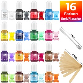 Barlone Epoxidharz Farbe Set, 16 Farben Konzentrierte Flüssiger Epoxidharz Farben mit 10 Rührstäbchen und 1 Löffel für Epoxy Resin Kunst, DIY Kunsthandwerk, Resin Farbe für Malerei, Schmuck, je 5ml