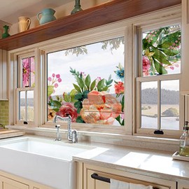 Flortlias Transparent Floral Window Sticker, Removable Static Cling Double-Sided Decal Clings for Glass Windows Door Decor, Large Bohemian Vintage Rose Garden