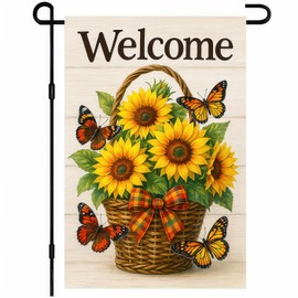 BlissYard Thanksgiving Fall Garden Flag 12x18 Inch Welcome Sunflower Flag Double Sided Outdoor Autumn Yard Banner Basket Butterflies for Porch Lawn Patio Seasonal Decor
