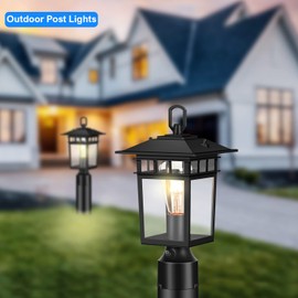 Hifeelen Dusk to Dawn Outdoor Post Lights - Auto-Sensing Lamp Post Light Fixture Aluminum & Shatterproof Glass, Weatherproof Lighting for Driveway Columns, Garden Gates, Pool Patios (Black, 1-Pack)