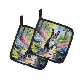 Caroline's Treasures Boston Terrier Spring Path Pair of Pot Holders Kitchen Heat Resistant Pot Holders Sets Oven Hot Pads for Cooking Baking BBQ, 7 1/2 x 7 1/2