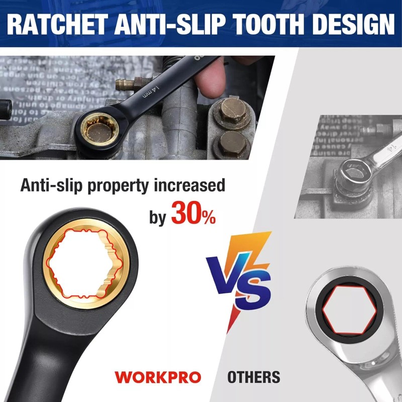 WORKPRO 22-Piece Ratcheting Wrench Set Anti-slip Teeth SAE 1/4-3/4 Metric