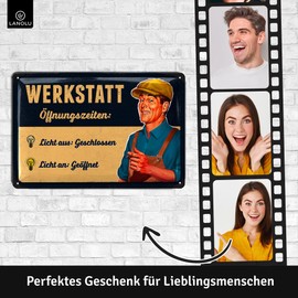 LANOLU Retro Tin Sign Workshop Opening Times Sign, Funny Workshop Signs for Men – Important Rules for the Workshop, Car Mechanic Gift Father's Day, Garage Decorative Metal Sign 20 x 30 cm